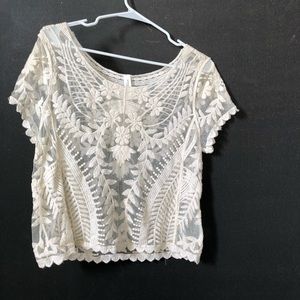 Aeropostale Mesh Embroidered Cream Top
